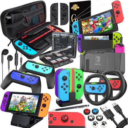 Kit de Accesorios 18 en 1para Nintendo Switch, con Protector de Pantalla, Soporte para Juegos, Tapa del Interruptor, Tapa del