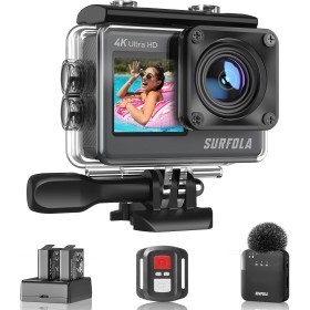 Surfola Cámara Deportiva 4K 60FPS 24MP WiFi, SF530 Acuática 40M con Pantalla Dual, Micrófono Inalámbrico de Acción para Casco