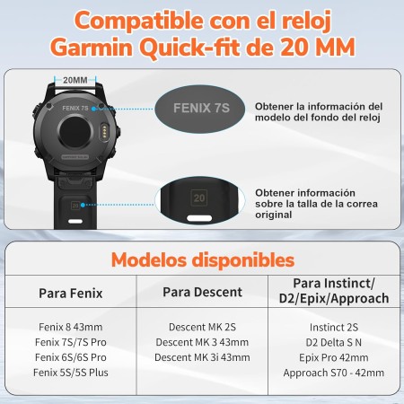 Compatible con Correa Garmin Fenix 7S / 6S / 5S / 8 43mm, Correa Quickfit 20mm para Garmin Fenix 7S Pro / 6S Pro / 5S Plus