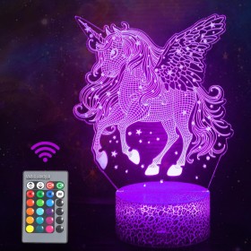 Regalo de para niños, Unicornio Luz de Noche 3D, Lámpara de Estado de ánimo Táctil de Ilusión Óptico LED con Control Remoto,