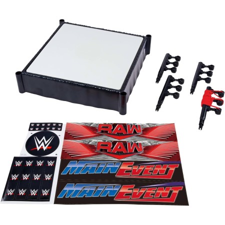 Mattel WWE Ring de superestrellas con pegatinas de Main Event y RAW, colchoneta con muelles y cuerdas elásticas tensadas, JDJ20