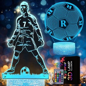 Eygerur 2 Piezas Ronaldo Fútbol Luz Nocturna Infantil, Fútbol Regalos, 3D LED Ilusión Ronaldo Fútbol Luz de Noche Con Control