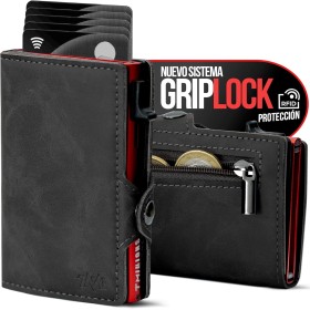 Tarjetero RFID de Cuero para Hombre con Sistema GripLock® y Bloqueo Antirrobo NFC – Cartera Porta Tarjetas Automática Pop-Up,