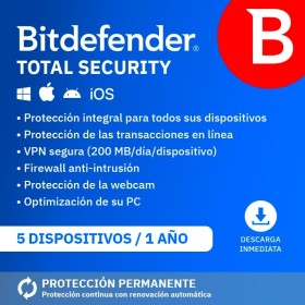 Bitdefender Total Security 2025 | 5 Dispositivos | 1 Año | PC/Mac/iOS/Android | Código de activación por email | Renovación