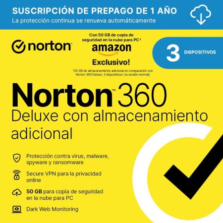 Norton 360 Deluxe Exclusivo Amazon*|Antivirus 3 Dispositivos|1 año con renovación automática| Descarga digital