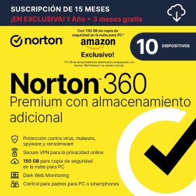 NORTON 360 PREMIUM CON ALMACENAMIENTO EXTRA|Exclusivo Amazon*|75GB mas de Copia de Seguridad en la Nube| 10 Dispositivo | 1