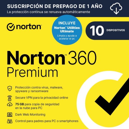 NORTON 360 PREMIUM CON ALMACENAMIENTO EXTRA|Exclusivo Amazon*|75GB mas de Copia de Seguridad en la Nube| 10 Dispositivo | 1