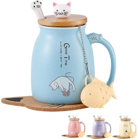 MengCat Taza Gato Linda Taza de café de cerámica con Tapa，Cuchara, Novedad Copa de la mañana Té Leche Navidad Jarra Regalo 380ML