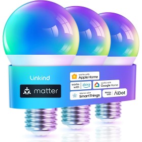 Linkind Matter Smart RGBTW Bombilla, WiFi LED E27, Bombilla Multicolor RGB/RGBTW 1800K-6500K, Compatible con Alexa Google Home,