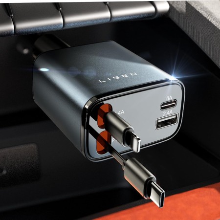 LISEN Retráctil Cargador Coche Carga Rápida 69W, Cargador Mechero Coche USB + Cable C-C C-L Enchufe Encendedor Toma USB 12V para