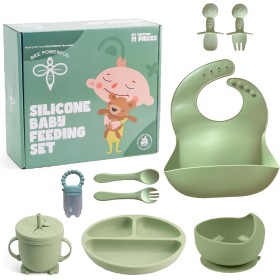 BEE POWERFUL Vajilla Bebe Silicona - Platos Bebe, Plato Bebe Ventosa, Vajilla Infantil, Plato Antivuelco Bebe, Cubiertos Bebe,