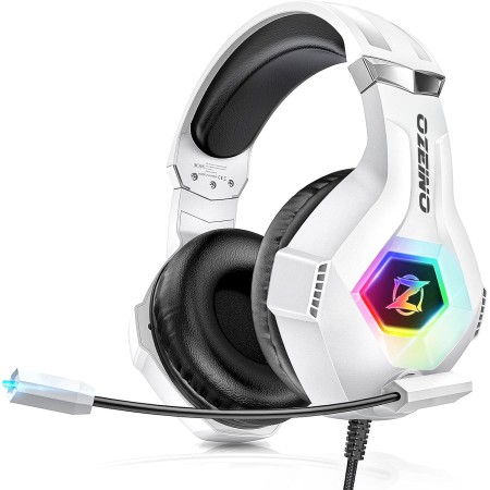 Cascos Gaming, Auriculares Gaming con Micrófono Rotatorio, Luz RGB, Premium Stereo, Orejeras Ligero Cómodo, para PS4 PS5 Xbox PC