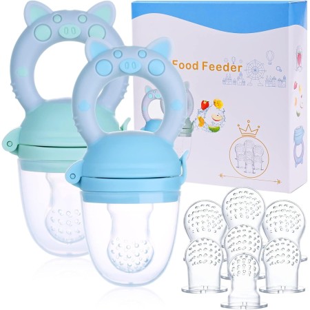 Faburo 2pcs Chupete Fruta Bebe + 9pcs Tetinas de Silicona(3 * 3), Alimentador Antiahogo Bebe, Innovador Chupete de Frutas