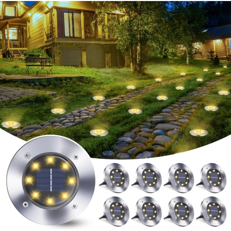 Qedertek Luz Solar Jardin 8 LED 8 Pack de Tierra, Lampara Exterior IP65 Impermeable Blanco Cálido para Césped, Patio, Camino,