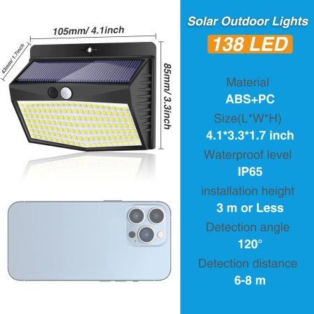 Peasur Luz Solar Exterior3 Paquete/138 LED/3 Modos Focos Solares Exterior con Sensor de Movimiento IP65 Impermeable Luces