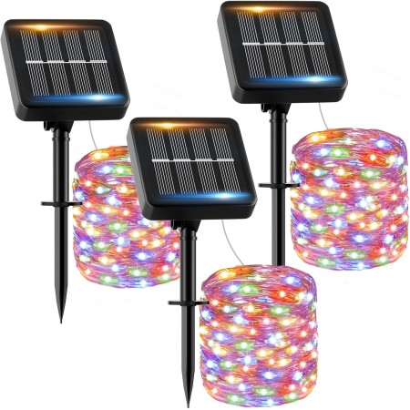 Guirnalda Luces Exterior Solar - 3 x 12M 120 LED Guirnaldas Luces Solares Exterior IP65 Impermeable Blanco Cálido 8 Modos Luces