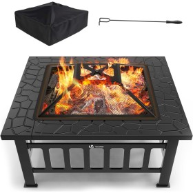 VOUNOT Brasero Exterior para Jardín y Terraza, 3 en 1 Metal Fire Pit, Pozo de Fuego con Protector de Chispas, 81 x 81 x 45 cm