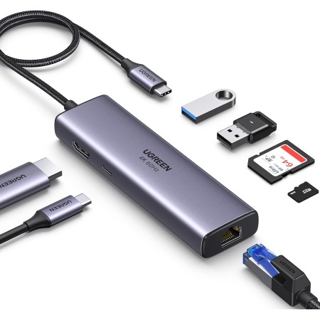 UGREEN Revodok 107 Hub USB C HDMI 4K 60Hz Adaptador Tipo C Ethernet RJ45 Gigabit Lector Tarjeta SD TF PD 100W Carga Docking