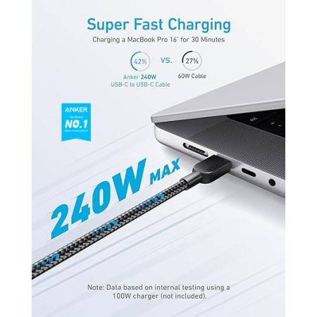 Anker cable usb c carga rapida, cable usb c de 240W con doble trenzado de nylón, para iPhone 16/15, MacBook Pro 2020, iPad Pro