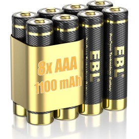 EBL Gold Estilo Pilas AAA Recargables 1100mAh, Alta Capacidad, Precargadas, Paquete de 8