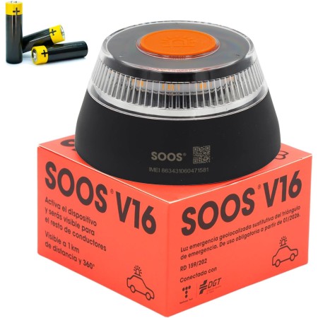 SOOS Luz Emergencia Coche Homologado DGT, con SIM y Datos Pagados hasta 2038, Baliza v16 Homologada dgt con Geolocalizador,