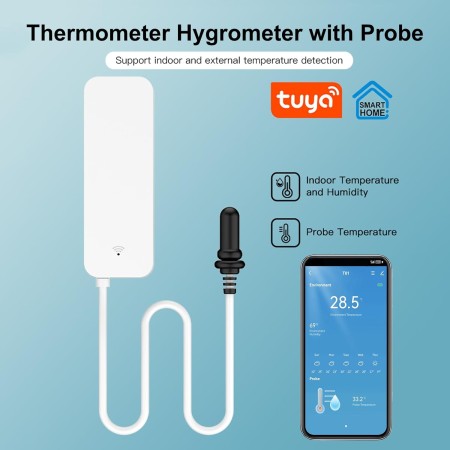 Termómetro inteligente, higrómetro, sensor de temperatura WiFi con sonda externa, termómetro con función meteorológica, medidor