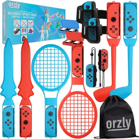 Orzly Switch Sports Pack Paquete de accesorios Nintendo Switch OLED Juegos deportivos, raquetas de tenis, palos de golf, espadas