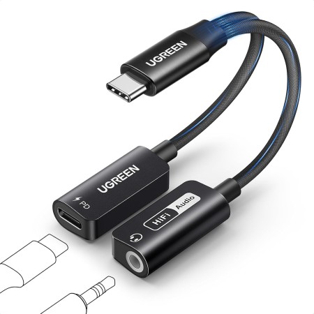 UGREEN Adaptador USB C a Jack 3.5mm PD 60W Magnético 2 en 1 Hi-Res 32Bits/384KHz Tipo C Micrófono Aux Divisor de Auriculares