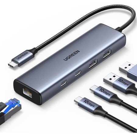 UGREEN Hub USB C a Ethernet 6 en 1 1000Mbps Adaptador LAN a Thunderbolt 3 Type C 10Gbps Compatible con iPhone 16 Plus Pro MAX 15