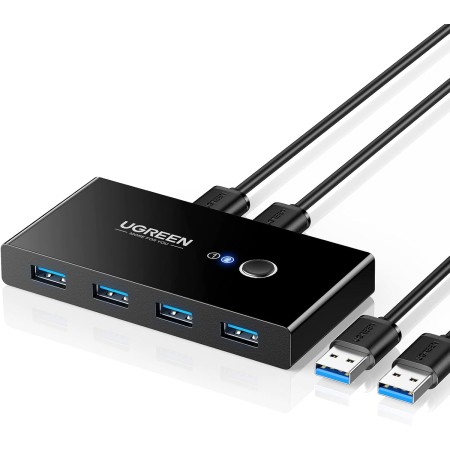 UGREEN 4 Puertos USB 3.0 Switch 2 Entradas y 4 Salidas con 2 Cable para Compartir 4 Dispositivos de Teclado, Ratón, Memorias,