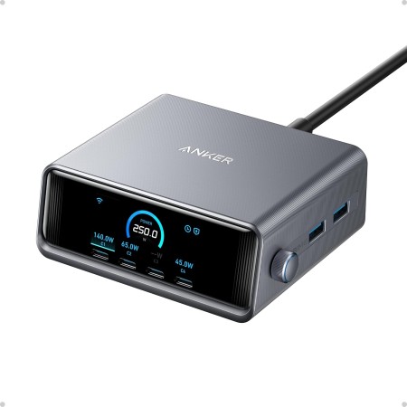 Anker Prime Cargador USB C 250 W, Estación de Carga GaN Ultrarrápida de 6 Puertos, Pantalla LCD de 2,26" y Dial de Control