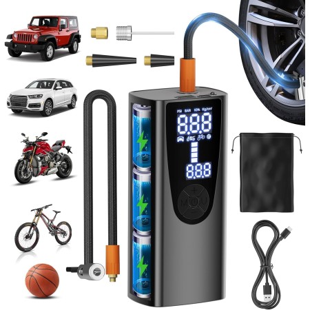 6000mAh Mini Compresor Aire Portatil, 150PSI Bomba de Aire Bicicleta Electrica con Pantalla LCD Digital, Inflador Ruedas Coche