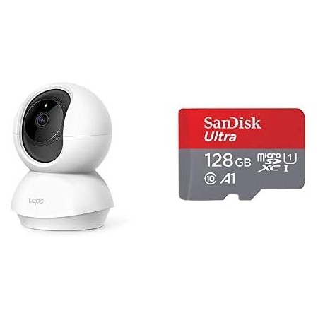 TP-Link - Cámara de Vigilancia FHD 1080p, Visión Nocturna + SanDisk Ultra Tarjeta de Memoria microSDXC con Adaptador SD, hasta