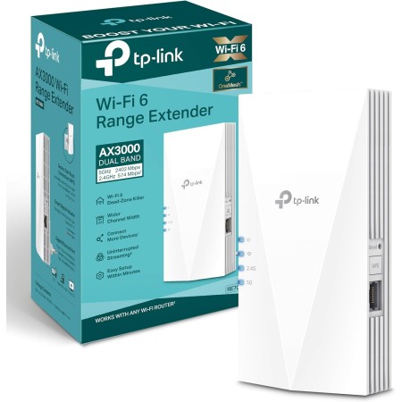 TP-Link Amplificador repetidor WiFi 6 RE700X AX3000 (doble banda, 2402 Mbps, 5 GHz + 574 Mbps, 2,4 GHz, MU-MIMO, puerto Gigabit,