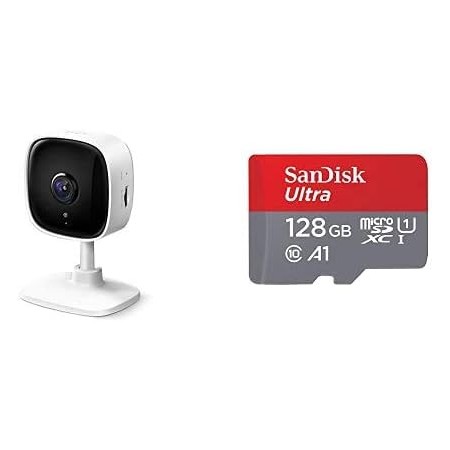 TP-Link - IP Cámara Vigilancia WiFi Interior, Almacenamiento SD Tapo C100 + SanDisk Ultra Tarjeta de Memoria microSDXC con