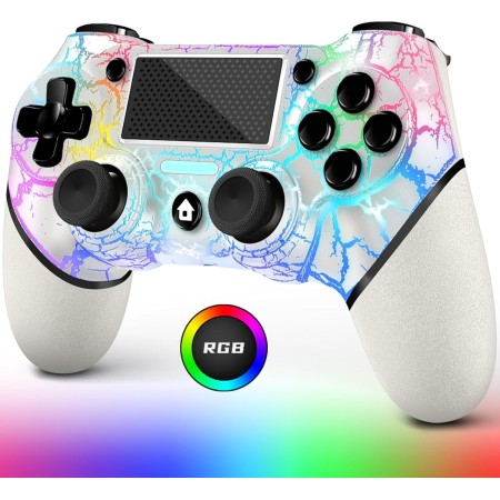 AceGamer Mando Inalámbrico para PS4, Diseño Personalizado Crackle Blanco con Luces RGB, Batería de 1000 mAh y Jack de Audio de