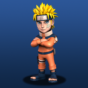 Naruto en traje naranja con brazos cruzados sobre fondo azul