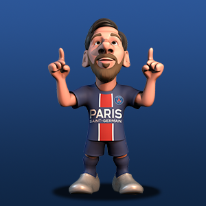 Lionel Messi con sus dedos en el aire en celebración usando un kit PSG sobre un fondo azul