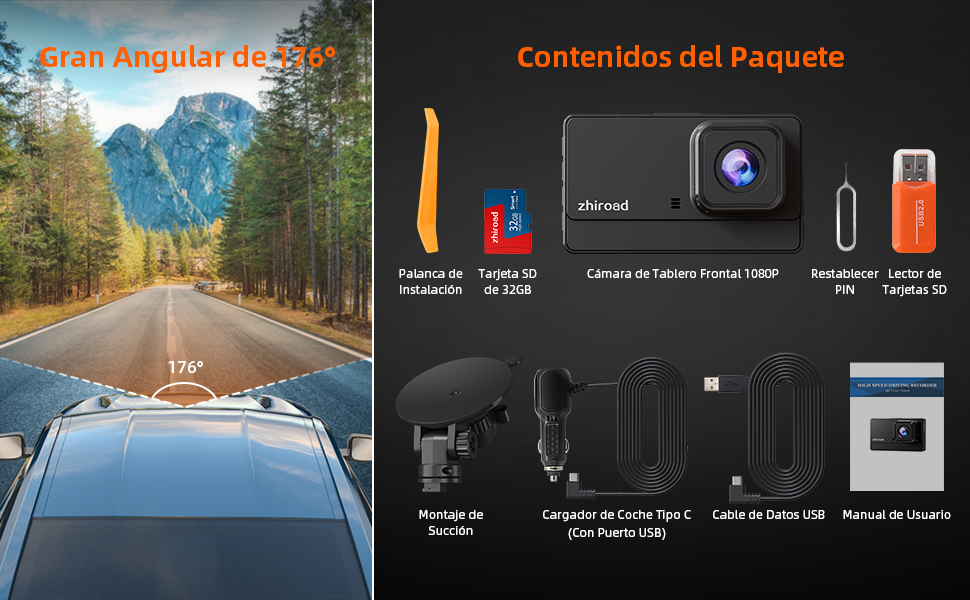 Dashcam de coche Gran Angular de 176